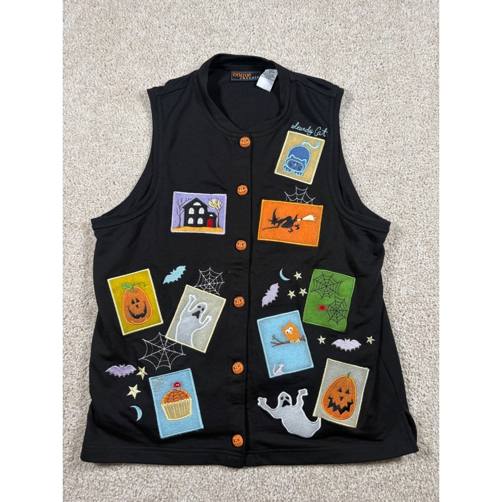Onque Casuals Halloween Vest Black Embroidered Ghost Pumpkin Witch Womens M VTG